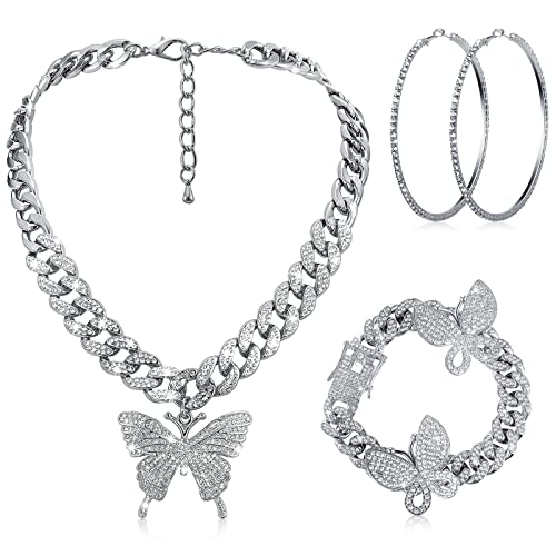 Hinly 3 Pcs Butterfly Cuban Jewelry Set Cuban Link Chain Necklace for Women Rhinestone Pendant Necklace Bracelet Large Hoop Bling Earrings(Silver Classic)