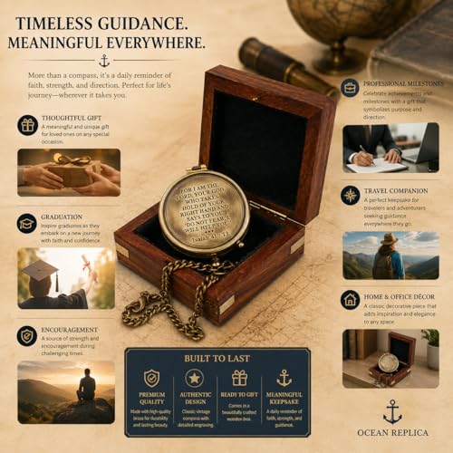 Brújula portátil de latón con estuche de madera grabado miniatura 3