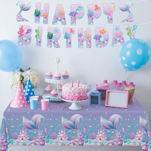 Image of Gatherfun Mermaid Party Supplies Set: 2-Pack Rectangular Plastic Tablecloths, 54 x 108 Inches, Purple (Gradient) Mermaid Pattern, Kids & Girls 1st Birthday Decorations