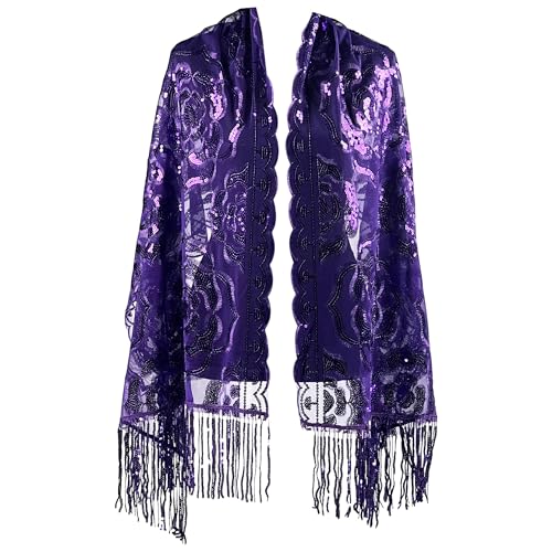 Vintage Floral Roses Decor Sequin Scarf Sparkle Shawl for Evening Dresses Party Shawl Event Scarf