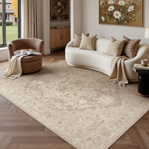 PureCozy Teppich Wohnzimmer Beige 160x230cm Vintage Wohnzimmerteppich | Schlafzimmer Carpet, Waschbarer Rutschfest, Weich Kurzflor, Living Room