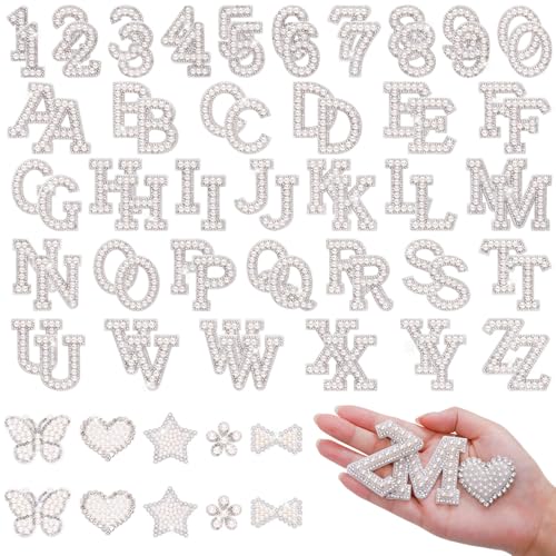 82Pcs Self Adhesive Pearl Letter Patches (A-Z) Number Patch 0-9 Glitter Pearl Letter Patches Rhinestone Applique for DIY Clothes Bags Shoes White