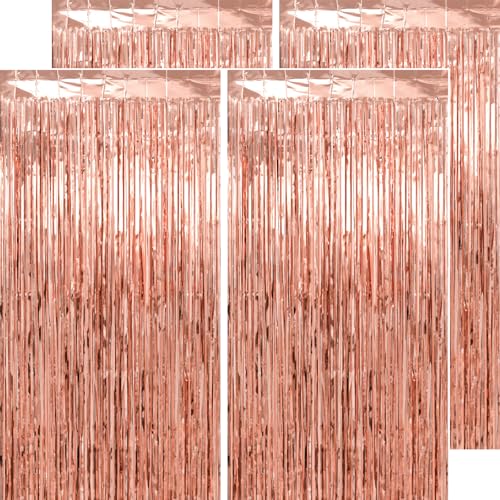 Image of Thicken Rose Gold Tinsel Backdrop 4 Pack 13.2x8.2 FT, Foil Fringe Curtains, Birthday Decorations for Women Girls, Bachelorette Bridal Shower Decorations