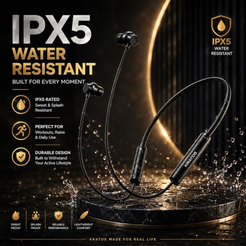 Image of Kratos Black Bluetooth Neckband with 55H Playtime, Deep Bass, Stereo Sound, HD Calls, Magnetic Earbuds, Voice Assistant, Type-C Fast Charging, Rich Audio, Hollow Switch for Comfort & Style