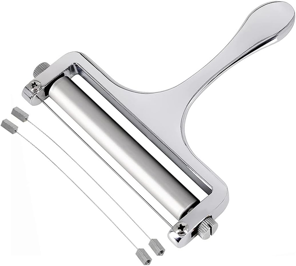 Heavy Duty Stainless Steel Cheese Slicer,Adjustable Thickness with 2 Extra Replacement Wires, Handheld Cheese Cutter for Soft & Hard Cheese, Butter, Cake (Silver)
