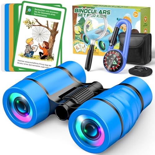 Fernglas für Kinder 4x30 mit Lupe, Kompass & Entdeckerkarten - Blau | Outdoor Spielzeug ab 3-8 Jahre Jungen - Geburtstag Geschenk Junge Einschulung, Gartenspielzeug Kinder - Spiele