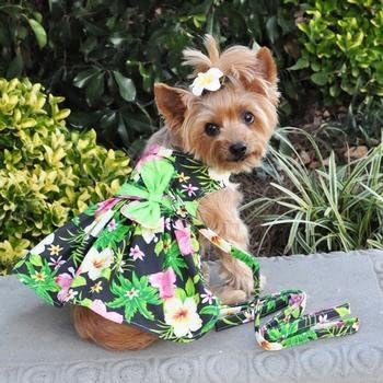 DOGGIE DESIGN Twilight Black Hawaiian Hibiscus Dog Dress with Matching Leash (Medium)