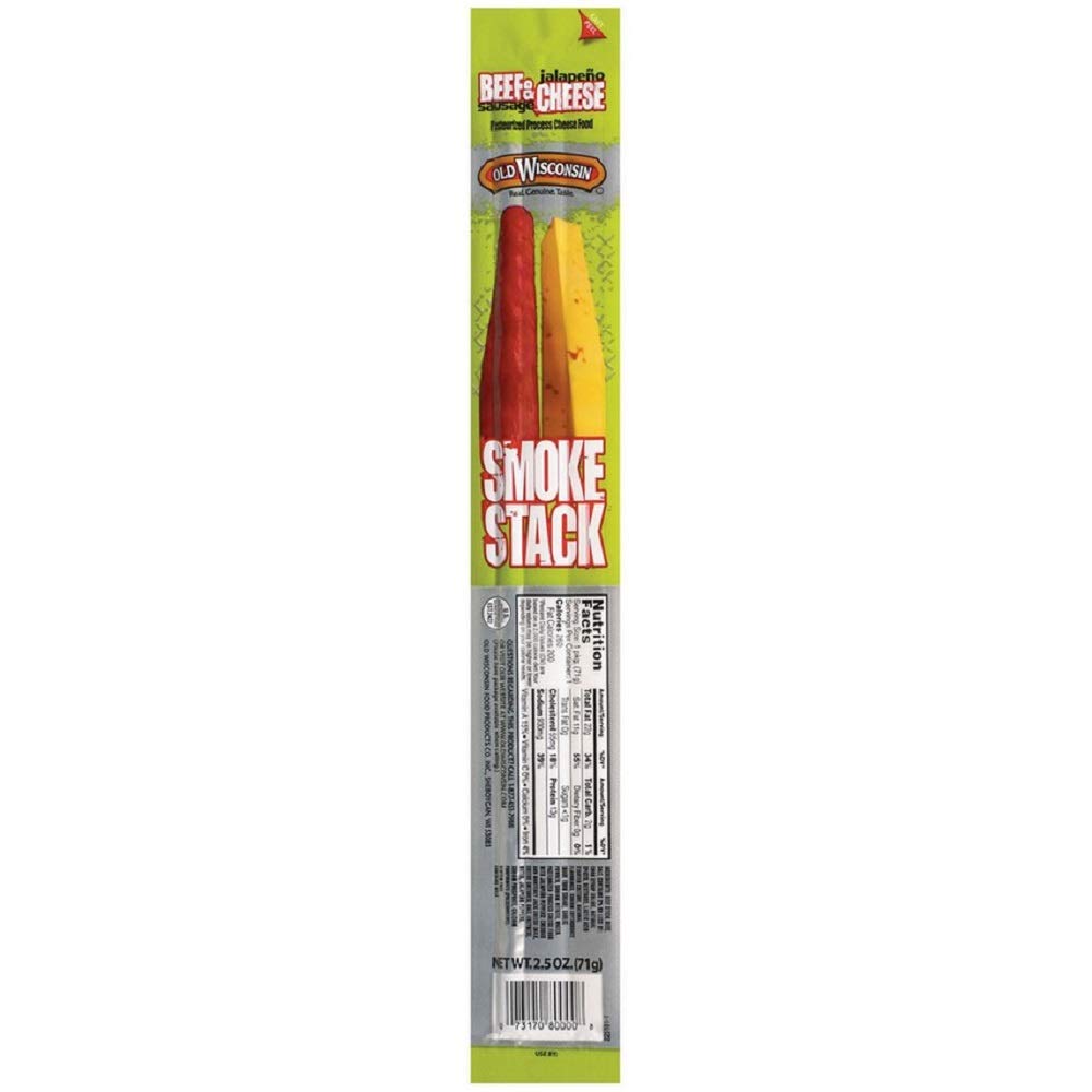 Old Wisconsin Smoke Stacks Beef Sausage with Jalapeno Cheese, 2.5-Ounce Packages (Pack of 18)