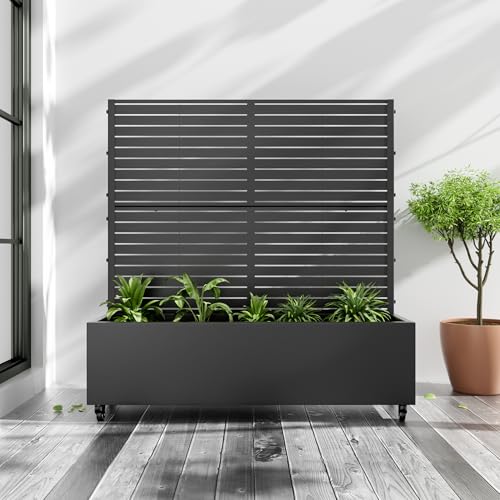 OAKORY Metal Planter Box with Trellis 120×40×120 cm, Galvanised Raised Garden Bed with Wheels & Drainage, Outdoor Mobile Planter for Flowers, Herbs & Vegetables – Black
