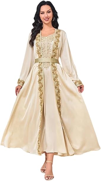 Women Muslim 2 Piece Party Set Open Morocco Beaded Sash Ramadan Cardigan Robe Outfit