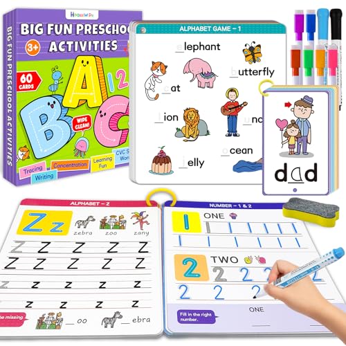 HOQEEWIPE Preschool Learning Activities - Reusable Handwriting Tracing Books for Kids, PreK Kindergarten Workbooks, CVC Word Game, Numbers & Alphabet Educational Learning Toys for 3, 4, 5, 6 Year Old
