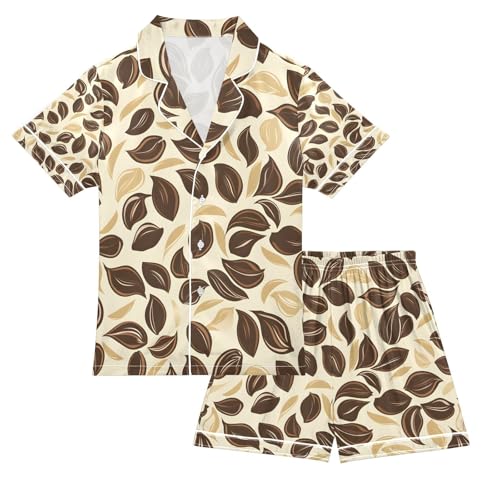 senya Coffee Leaves Satin Summer Pajama Sets Silk Short Sleeve Button Down Sleepwear