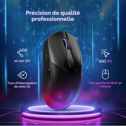 Lenovo Legion M410 Souris de Gaming sans Fil RGB (6 Boutons, lumière RVB à 2 Zones, 16 000 dpi, 400 IPS, Batterie Rechargeable de 53 Heures, Compatible avec Nvidia Reflex) - Noir Transparent