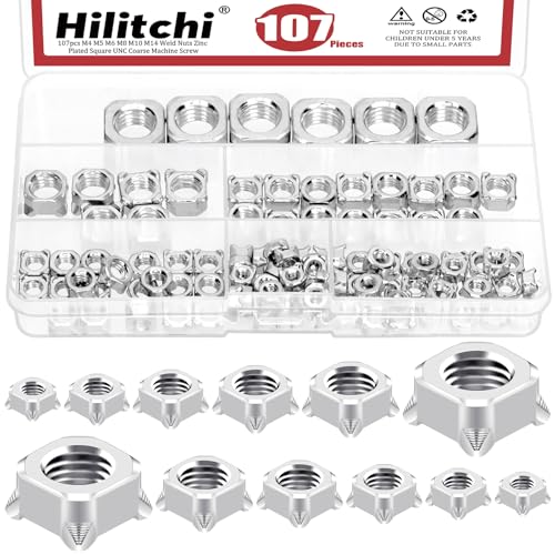 Hilitchi 107PCS 6 Sizes Zinc Plated Square Weld Nuts Assortment Kit M4 M5 M6 M8 M10 M14 Square UNC Coarse Carbon Steel Machine Screw for Furniture, Vehicles, Caster and Industry Machine(Silver)