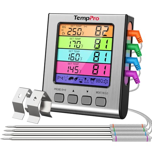 TempPro TP17H Digital Meat Thermometer with 4 Temperature Probes, HI/Low Alarm Smoker Food Thermometer with Colored Backlit LCD, BBQ Thermometer for Cooking Grill Kitchen Oven (Previously ThermoPro)
