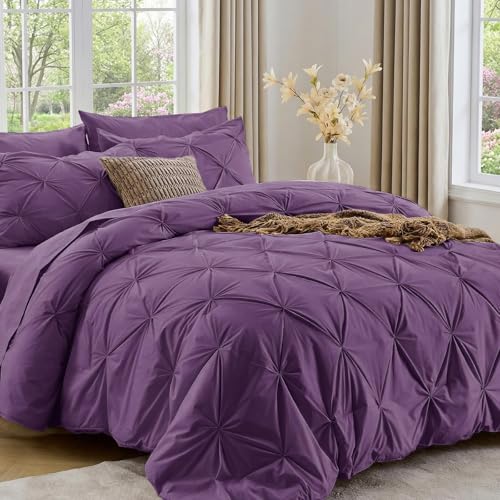 Image of Sasttie Queen Comforter Set, 7-Piece Bed in a Bag, Pintuck Bedding Sets for All Season, Includes Comforter, Flat Sheet, Fitted Sheet, Pillowcases and Pillowshams, Grape Purple