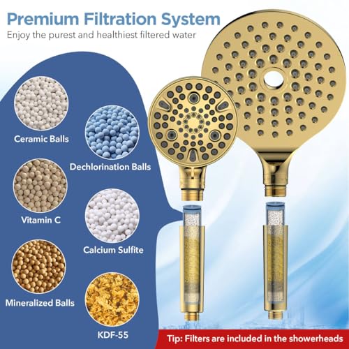 MakeFit Dual Filtered Rain Shower Head Combo, High Pressure Handheld Shower Head with Adjustable Bar - Rainfall Shower Head And Showerhead with Filter for Hard Water - Removes Chlorine(Gold) - Thumbnail 4