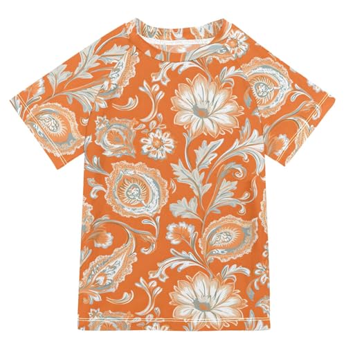 ALAZA Boys Rash Guard Swimming Shirt for Boys Short Sleeve Paisley Orange UPF 50+ 5-6T