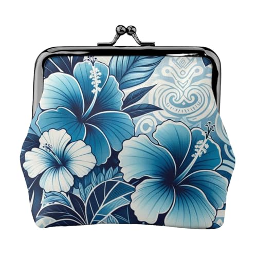 Pu Leather Buckle Coin Purse Hawaiian-Hibiscus-Blue-Floral Girls Kiss-Lock Change Purse Wallets