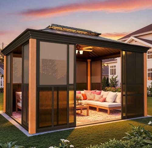 EROMMY 12x14 Wood Grain Sunroom Gazebo, Fully Enclosed Outdoor Sunroom