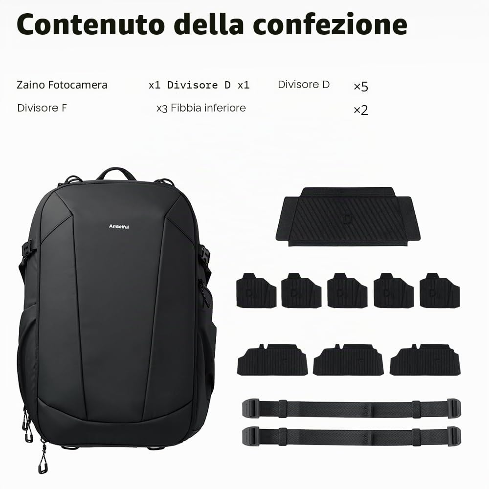 AMBITFUL Grande zaino per fotocamera DSLR/SLR, mirrorless, ergonomico, sospeso, professionale, zaino per fotografia all'aperto, impermeabile, con supporto per treppiede e scomparto per laptop, nero