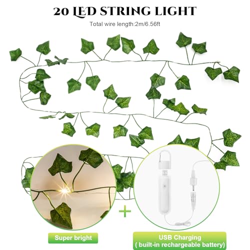 A.bigwhale Efeu Lichterketten mit Timer - Deko Frühling Innen Efeu Girlande Künstlich mit 2m 20 LED Lichterkette Akku 8 Modi USB Aufladbare Batterie, für Hochzeit Party Balkon Zimmer Aesthetic Decor