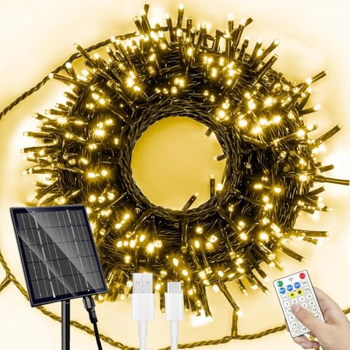 SOLARBABY Solar Christmas Lights Outdoor Waterproof, 164FT 500 LED 19 Modes Solar Sting Lights for Outside Xmas Tree Garden Patio Wedding Christmas Decorations, Warm White