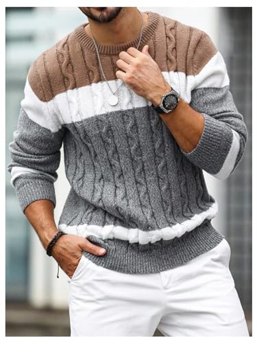 Verdusa Men's Striped Color Block Sweater Crew Neck Long Sleeve Chunky Knit Casual Pullovers4