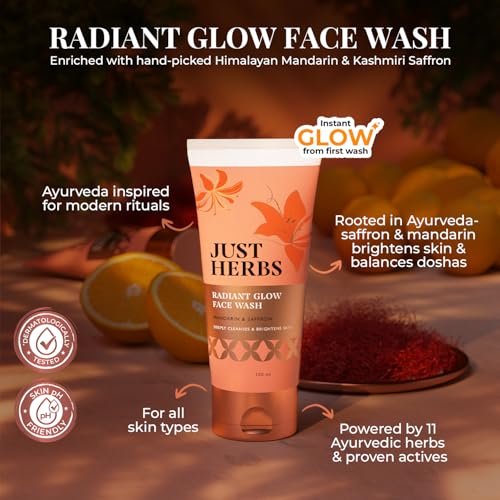 Image of Just Herbs Radiant Glow Face Wash | Deeply Cleanses & Brightens Skin | Instant Glow from First Wash | Mandarin, Saffron, Vitamin C, Niacinamide | Dermatologically Tested - 100ml