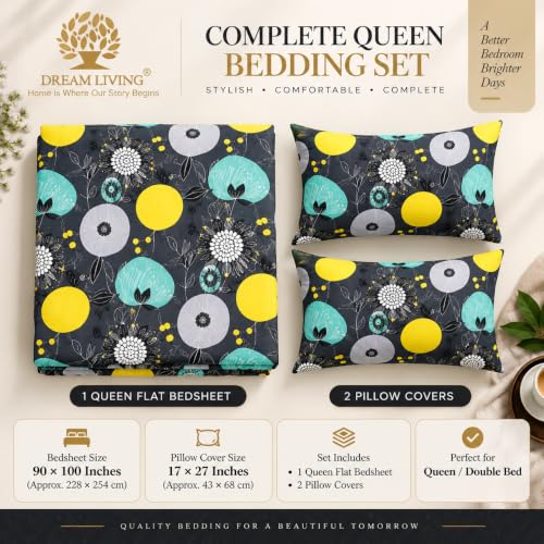 Image of Dream Living Microfiber Polycotton Flat Queen Double Bedsheet 144 TC, Size-(90 inchX100 inch Inches) (228 Cm X 254 Cm) with 2 Pillow Cover 17X27 Inchses (43X68) (Black-Lemon-Dot, Queen)