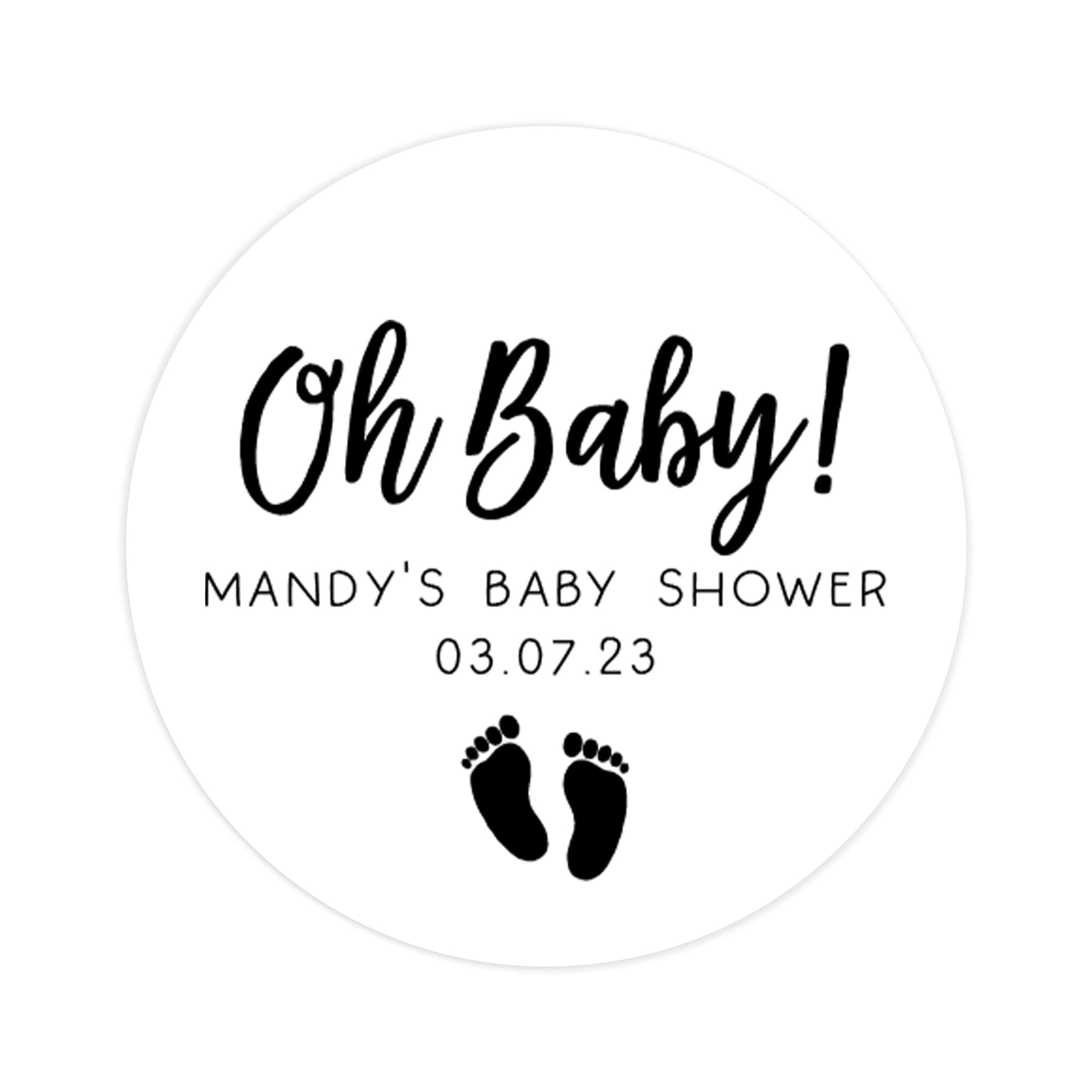 Manta Makes personalised baby shower stickers | baby shower sticker/labels | for favors baby feet gold or black | round circle | oh baby! (Black on white sticker)