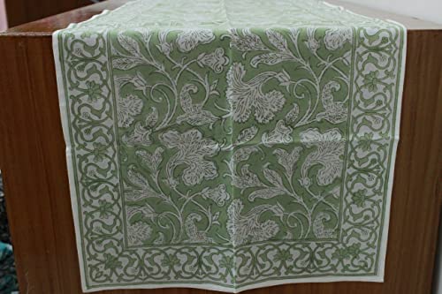 Ridhi Sage Green Hand Block Print Cotton Table Runner Garden Farmhouse Buffet Tabletop Cover For Home Kitchen Dining Décor Parties Family Dinners Wedding Thanksgiving Christmas (16X70 Inches) #TOP1