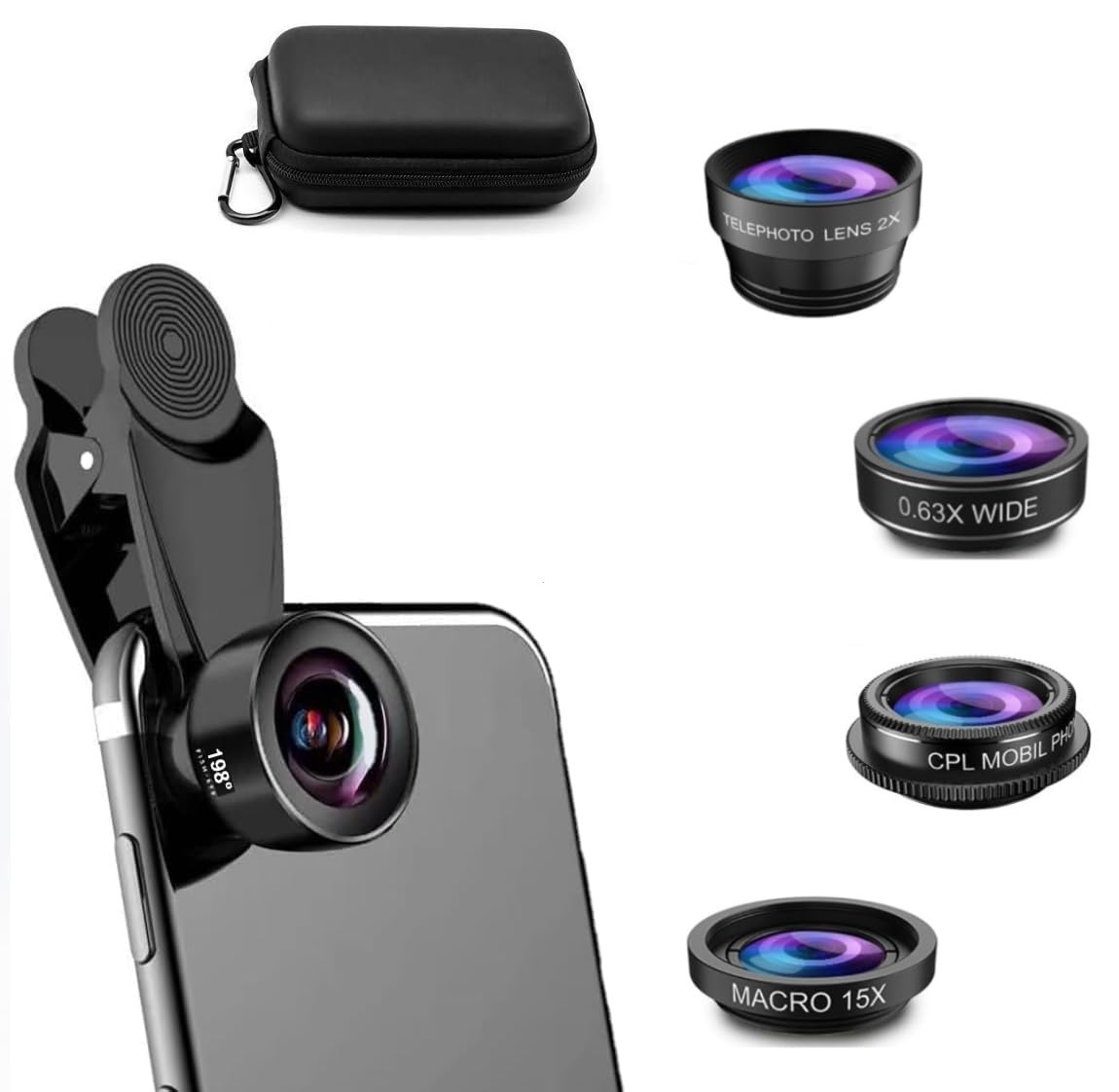 5 en 1 Objectif téléphone, lentille Smartphone,Objectif Fisheye 198°,Objectif Macro 15X+ Grand Angle 0.63,CPL/2X Téléobjectif pour la Plupart des Smartphones (Noir)