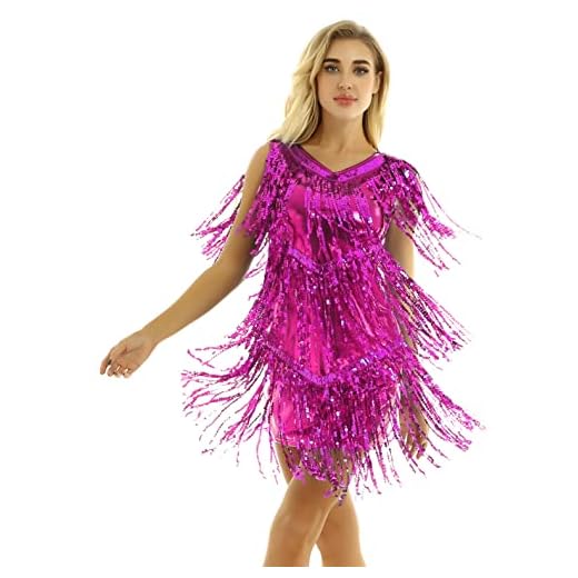 JEATHA Women's Sleeveless V Neck 1920s Sequins Fringed Flapper Party Bodycon Dress for Latin Dance Rose X-Large
