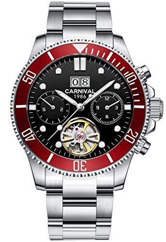 LOREO Mens Automatic Mechanical Watch Luminous Rotating Bezel Steel Band Outdoor Military Waterpoof Watch (red/Black dial)