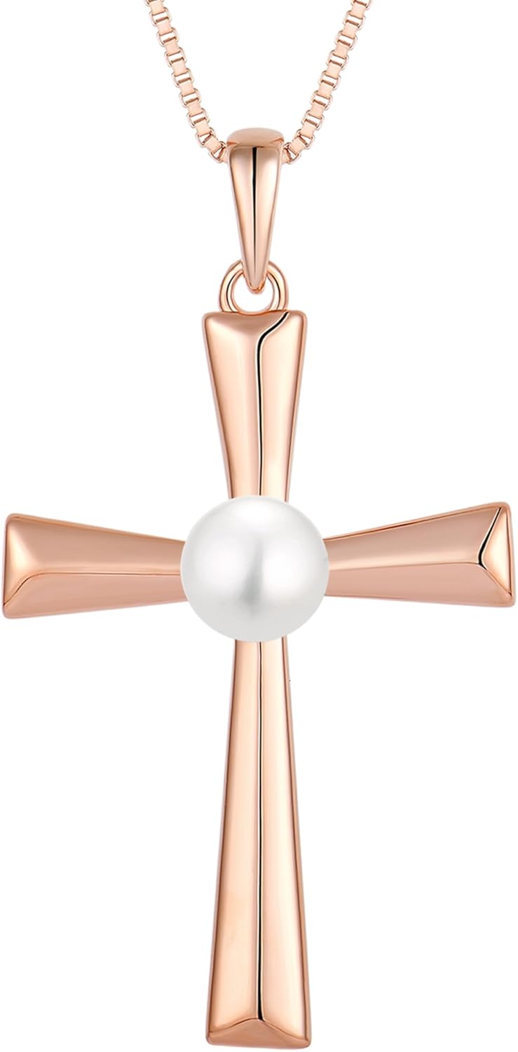 YL Cross Necklace 925 Sterling Silver Halo Freshwater Pearls Pendant Polished Religious Jewelry for Women