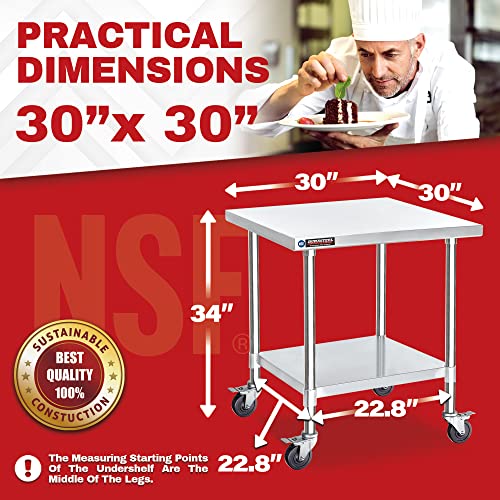 Image of DuraSteel 30x30 NSF Stainless Steel Cart - Heavy Duty Rolling Food Prep Table with Undershelf - Metal Utility Cart for Commercial Restaurant Kitchen, Laundry, Outdoor Portable BBQ Grill