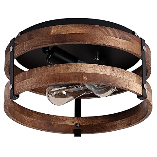 2-Light Rustic Flush Mount Light Fixture Oak Wood Round Drum Semi Flush Mount Ceiling Light For Hallway Bedroom Kitchen Entryway Farmhouse, Black #TOP6