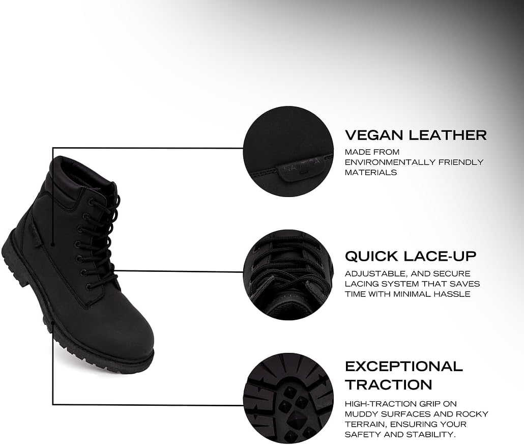 Nautica boot highlighting Vegan Leather, Quick Lace-Up, and Exceptional Traction