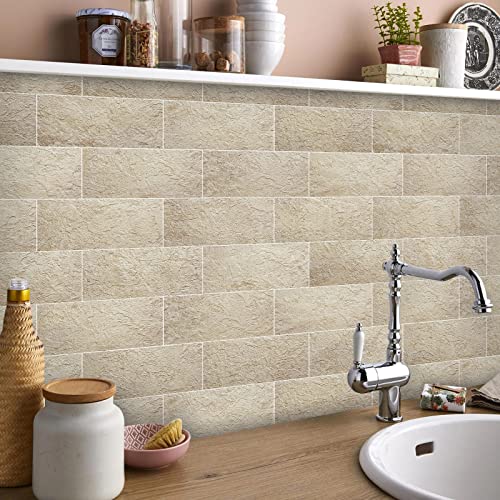 Tenashome Peel And Stick Backsplash Pvc Marble Stone Tile, 3In. X 6In. Subway Rustic Brick Stick On Tiles For Kitchen Bathroom Home Wall Decor,Roman Travertine,2 Pieces #TOP5