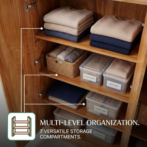 Image of FFO Kavisto 4 Door Wooden Wardrobe for Bedroom, Large Clothes Storage Cabinet with Hanging Space, Shelves, Drawer & Lock, Modern Wood Finish Almirah for Home, Bedroom & Living Room DIY.