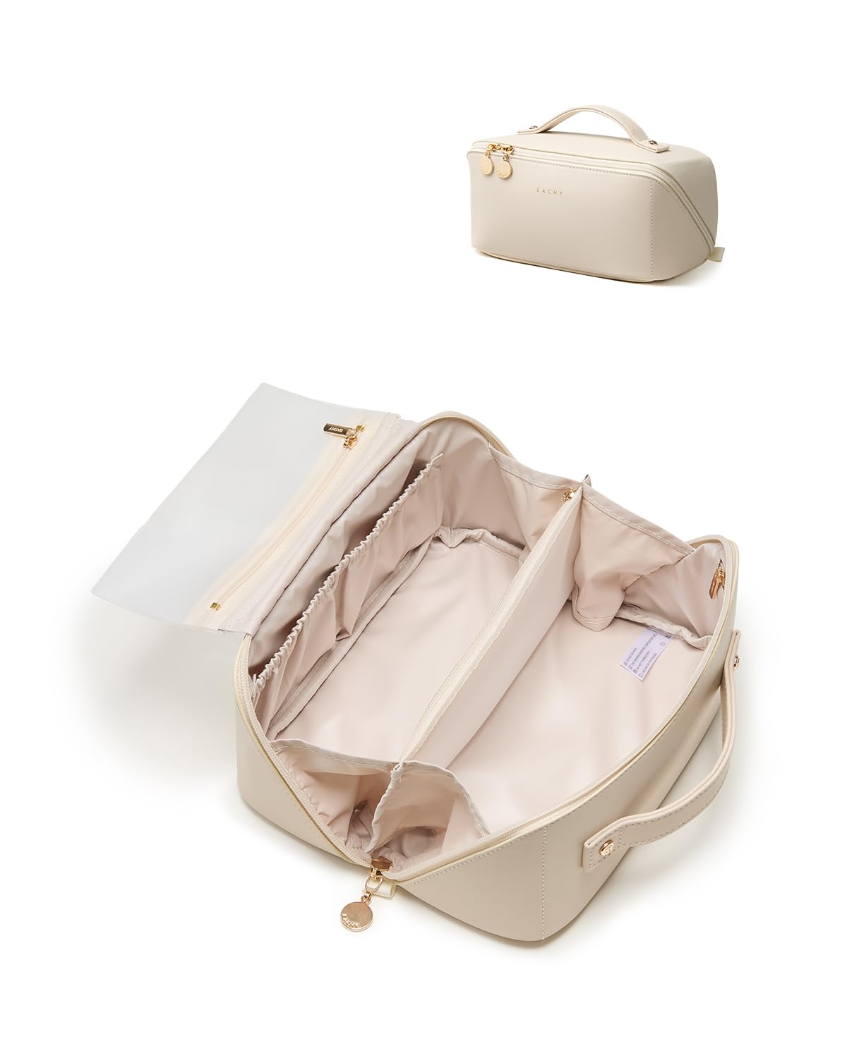 EACHY Travel Makeup Bag for Women, PU Leather Cosmetic Bag, White, Medium