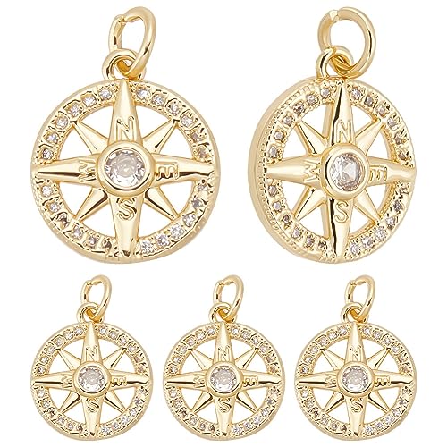 Beebeecraft 1 Box 10Pcs Compass Charms Micro Pave Cubic Zirconia Crystal Stone Golden Flat Round Pendants for DIY Jewelry Making Findings