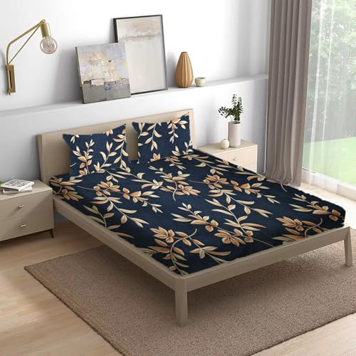 The Little Big Store Cotton Feel Glace Cotton Elastic Fitted Printed King Size Double Bed Bedsheet with 2 Pillow Cover, 300-350 threadcount (Blue Golden Leaves) (B0DH2P67PR) Amazon Price History, Amazon Price Tracker