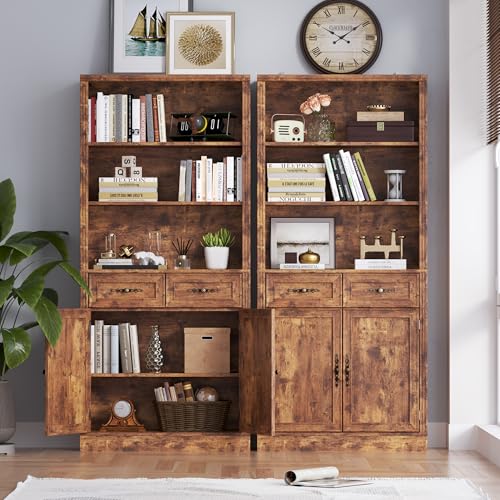 Image of BORNOON 70.1 inch Tall Bookshelf with Drawers & Cabinet, 5-Tier Floor Standing Bookcase with Storage Doors, Adjustable Shelves & Metal Handles, 31.5 inch Wide Organizer for Home Office, Living Room