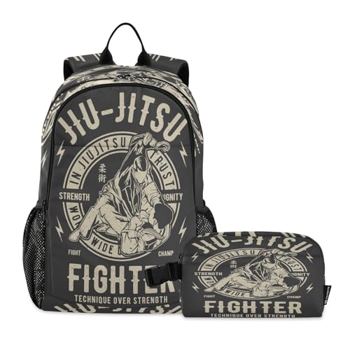 Nisza Kids School Backpack with Lunch Box, Jiu-jitsu Pattern Elementary BookBag Set for Girls Boy