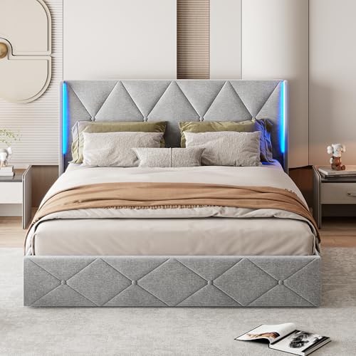 BRILVERDE Cama Doble de 140 x 200, Cama con canapé, Luces LED en el Lateral del cabecero, Color Gris Hielo, almacenaje con amortiguadores de Gas, Cama con láminas, colchón no Incluido
