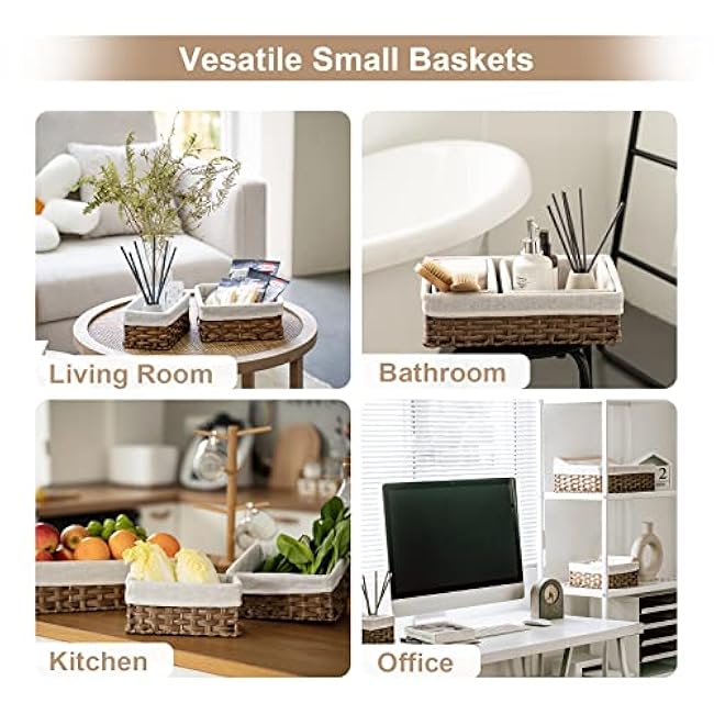 FairyHaus Wicker Baskets for Organizing, Waterproof Rectangle Small Storage Basket for Shelves, Nesting Lined Set of 3, Rustic Brown