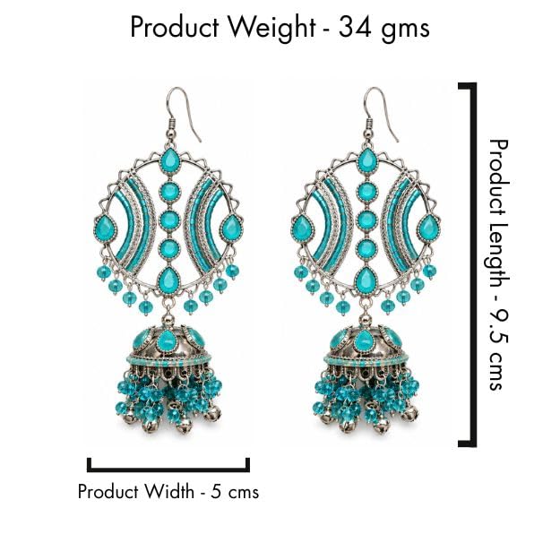 Image of Vintage Style Blue Jhumkas, Oxidised Silver, Traditional Design with Beaded Drops for Women & for Girls, Maula mere maula song inspired earrings