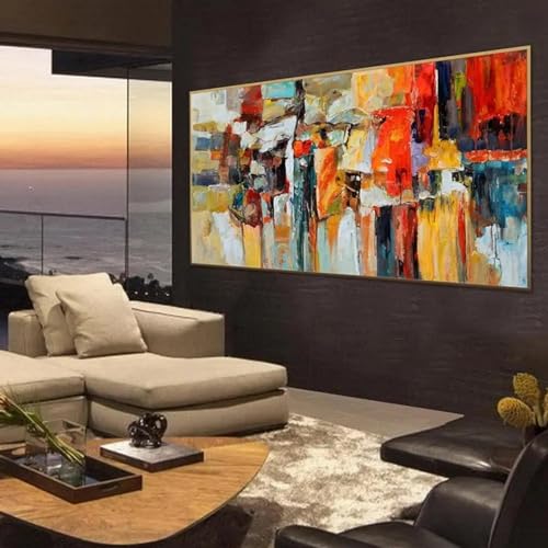 Pintura al óleo grande Vista de la ciudad abstracta Pintura en lienzo Cuadros Trabajo de arte de pared moderno para decoración de habitación Imagen floral 100x180cm/39x71in Sin marco